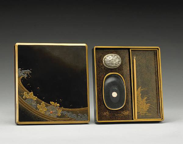 Appraisal: A gilt and black lacquer writing box th Century Decorated