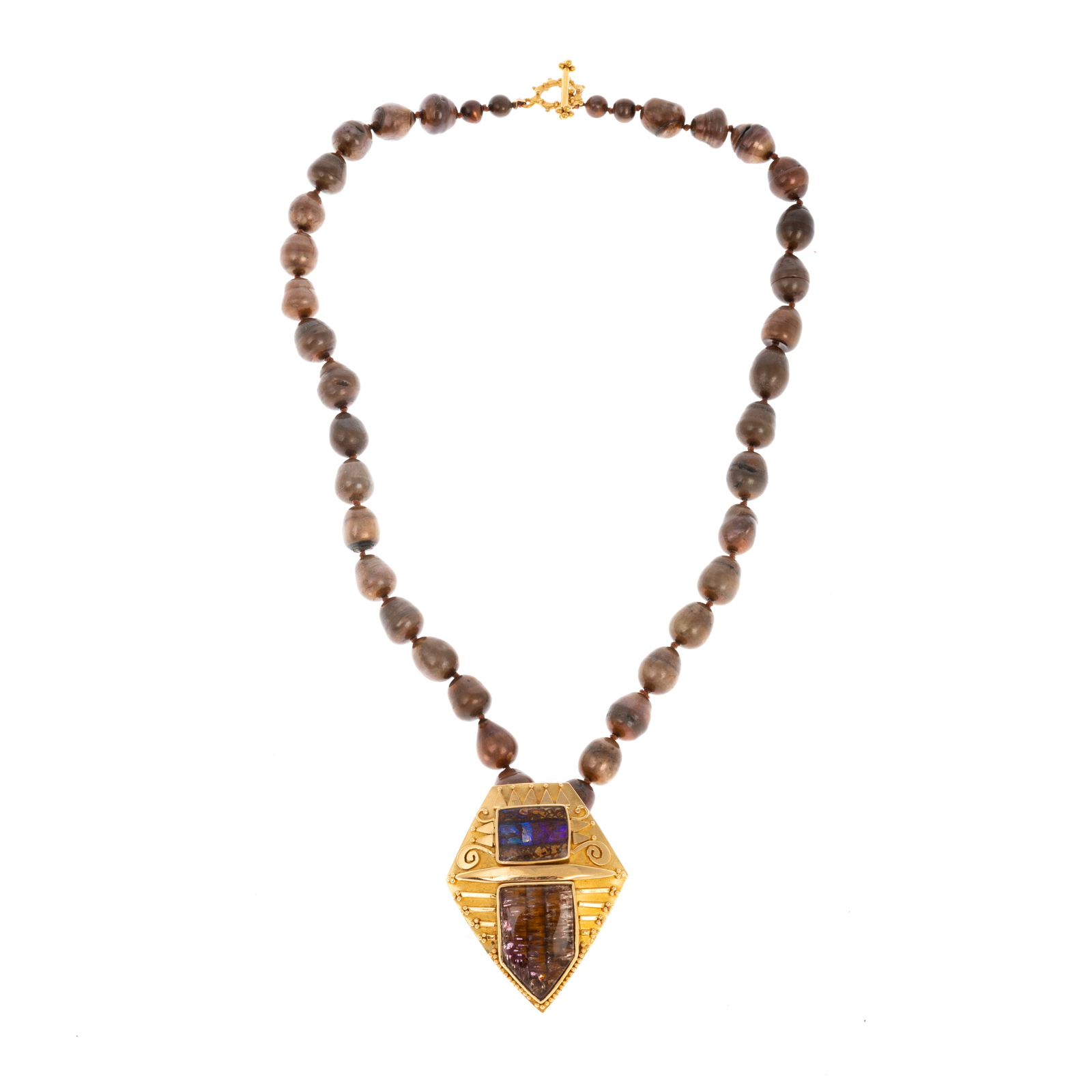 Appraisal: AN K GEMSTONE INLAID PENDANT ON PEARLS K yellow gold