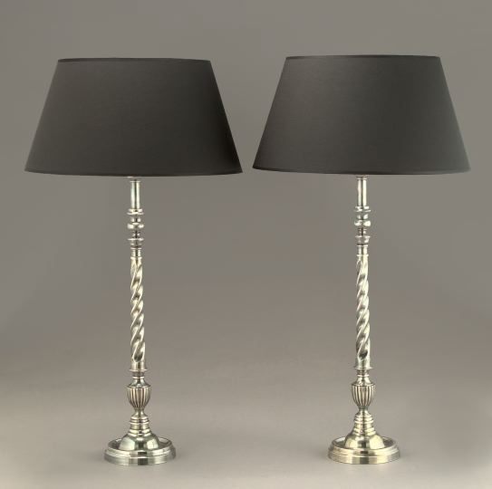 Appraisal: Tall Pair of French Spiral-Ribbed Nickel Candlestick Lamps each fitted