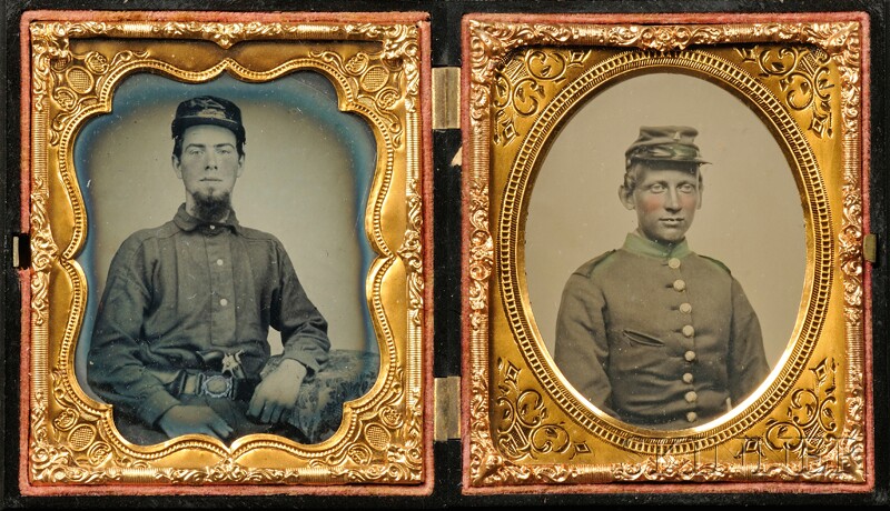 Appraisal: Two Sixth Plate Ambrotypes of Two Young Soldiers mounted together