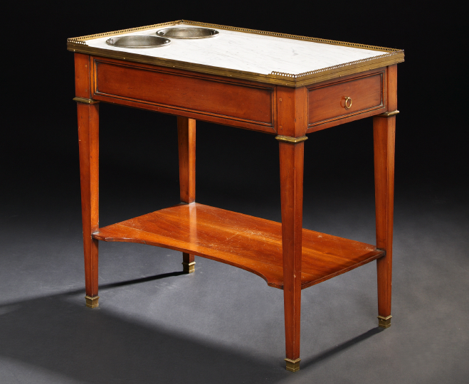 Appraisal: Louis XVI-Style Mahogany and Marble-Top Rafraichissoir ca the inset rectangular