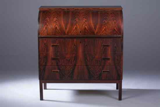 Appraisal: MID-CENTURY MODERN ROSEWOOD CYLINDER TOP BUREAU Rectangular top above cylinder