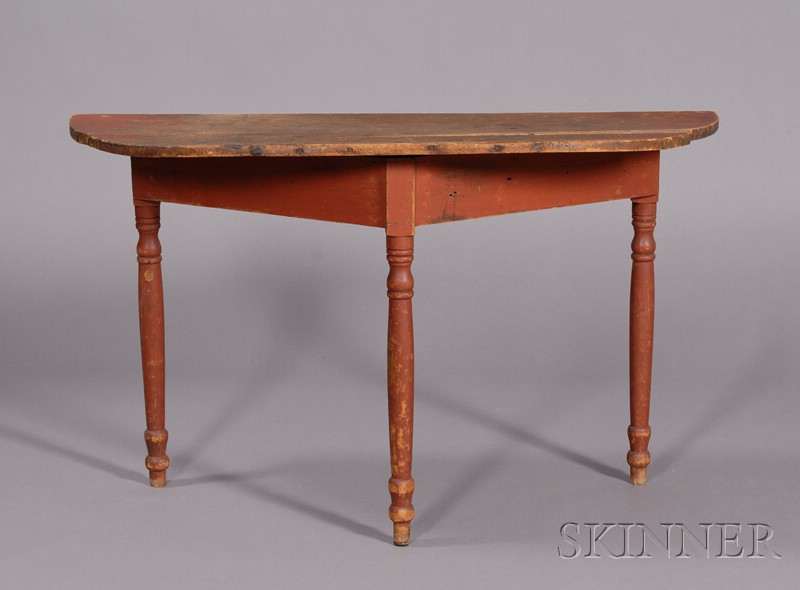 Appraisal: Red-painted Turned-leg Console Table America early th century overhanging D-shaped