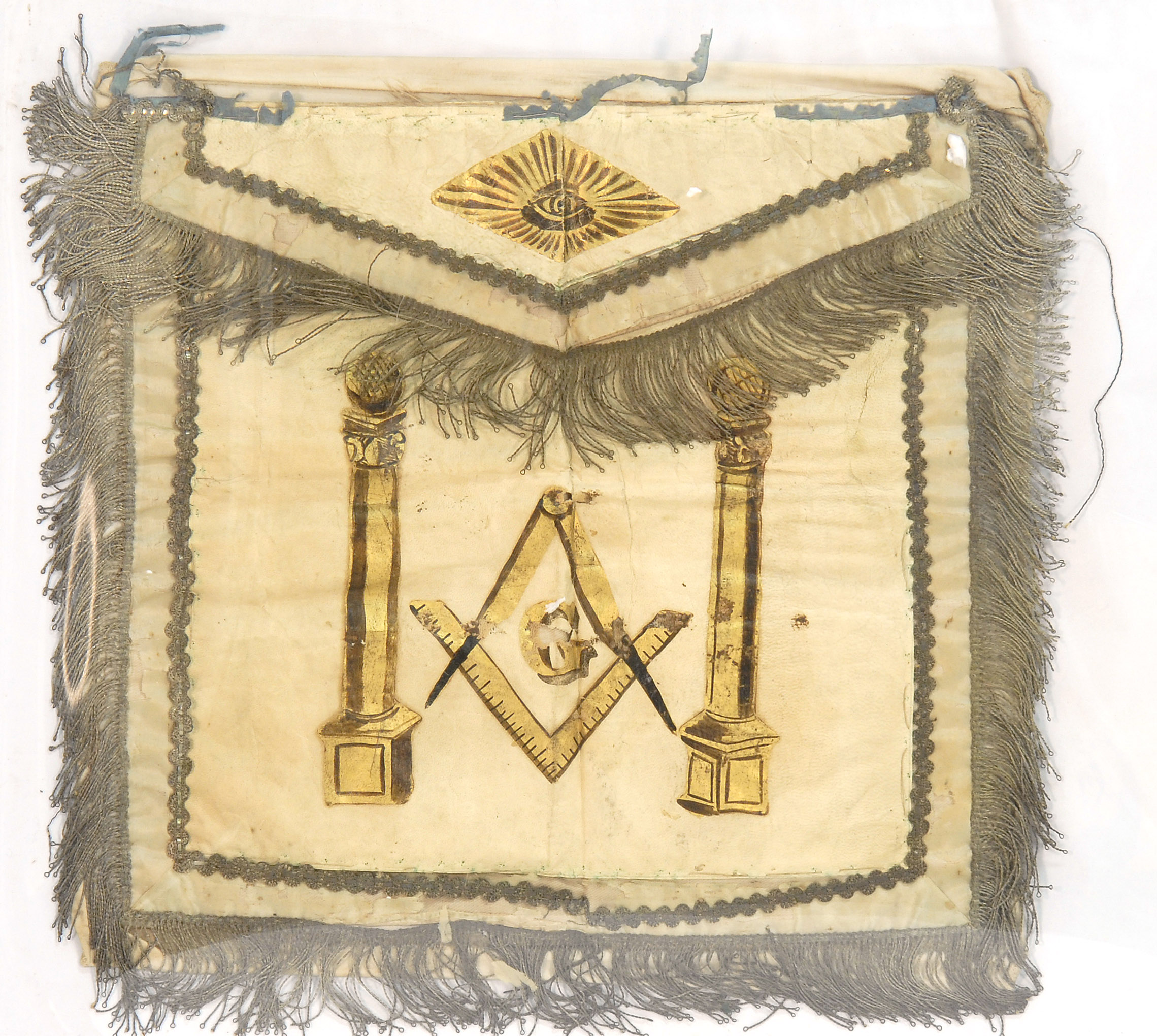 Appraisal: FRAMED MASONIC APRON Circa - In white leather with gilt