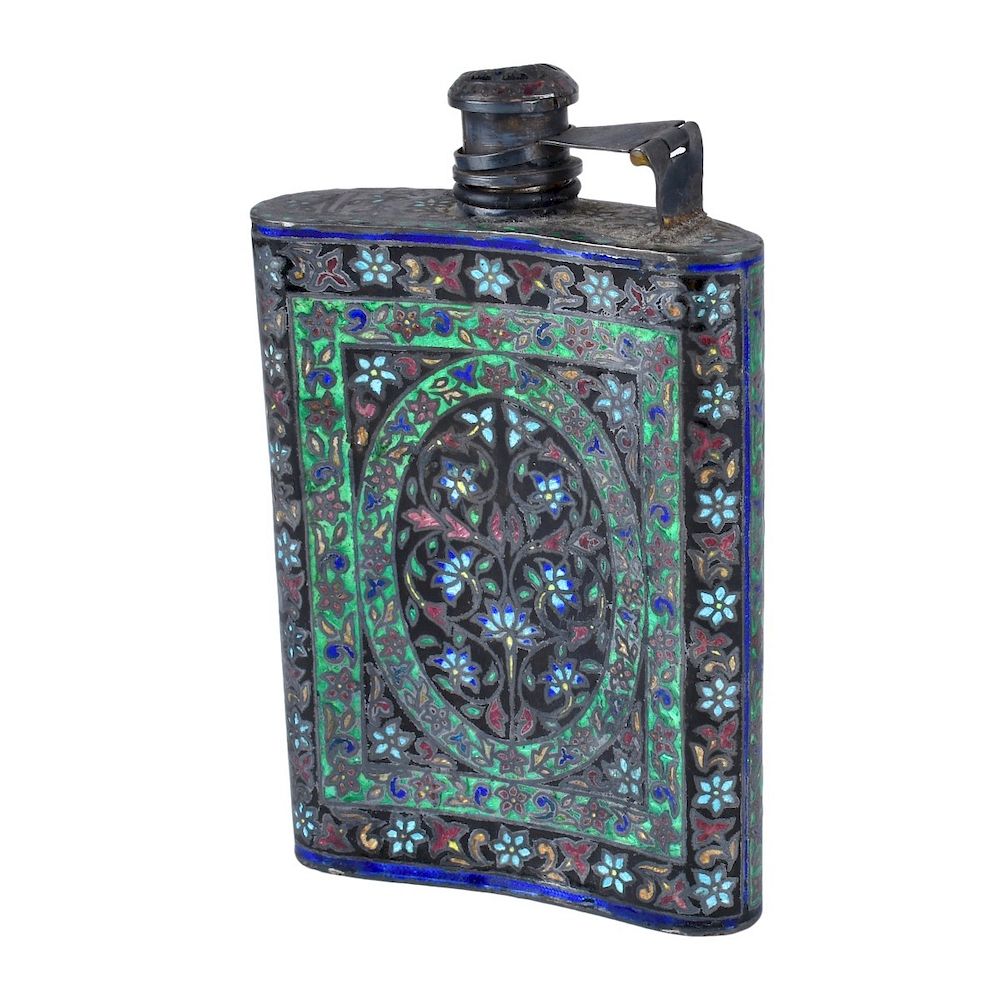 Appraisal: Continental Champleve and sterling silver Flask th Century Continental Champleve