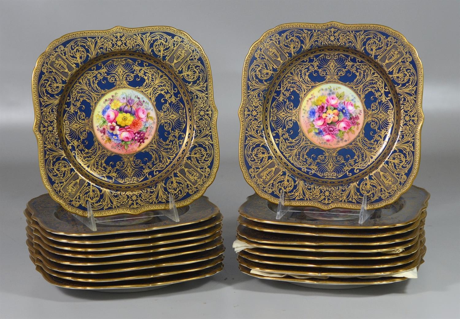 Appraisal: Square Royal Worcester Handpainted Plates cobalt borders heavily encrusted with