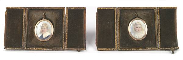 Appraisal: Two portrait miniatures mounted as pendants in fitted leather cases