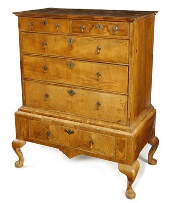 Appraisal: A walnut chest on stand with feather banding and having