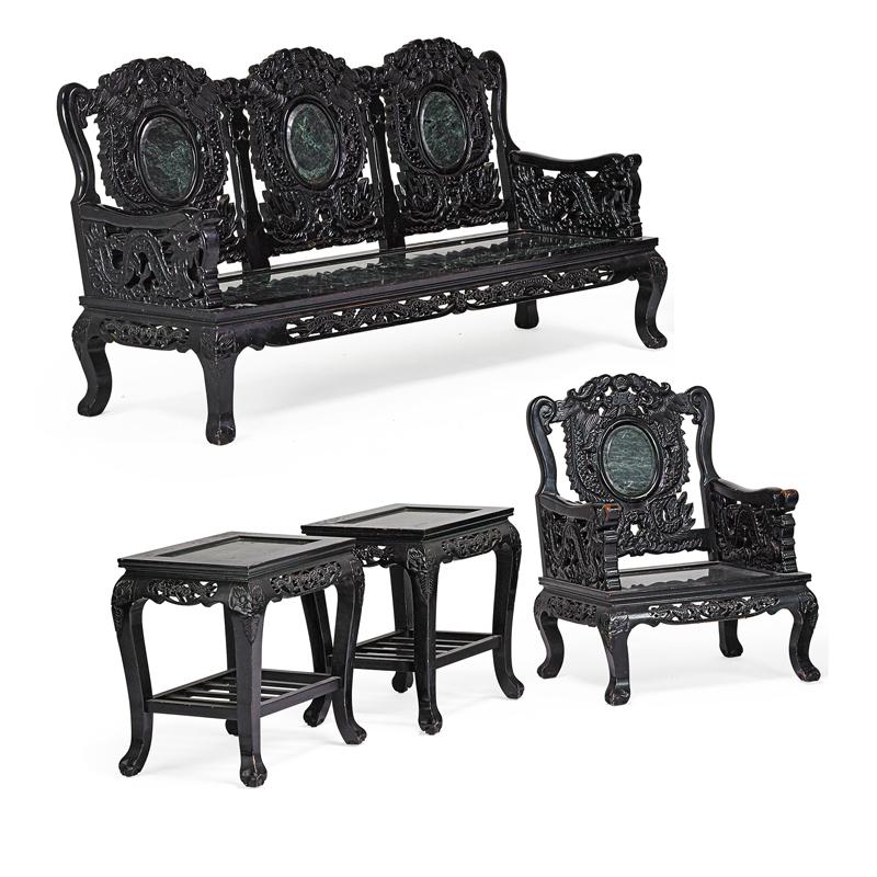 Appraisal: CHINESE PARLOR SET Five Ebonized hardwood with carved design and