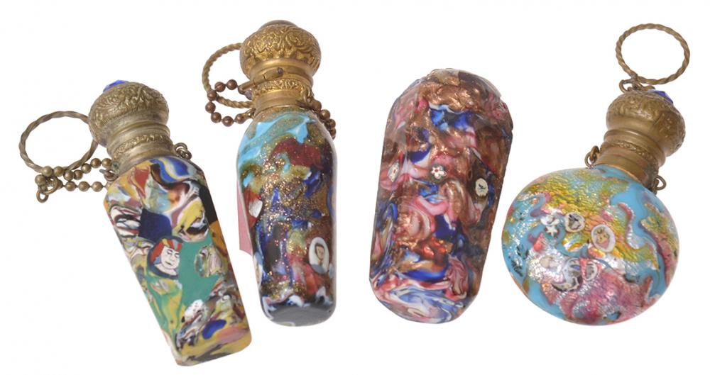 Appraisal: FOUR ITALIAN MILLEFIORI GLASS SCENT BOTTLES SOME INSET WITH PORTRAITS