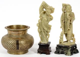 Appraisal: CHINESE BRONZE VESSEL SOAPSTONE FIGURES CHINESE BRONZE VESSEL SOAPSTONE FIGURES