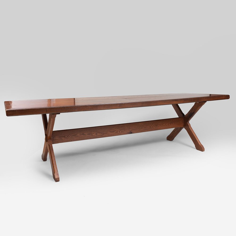 Appraisal: Large Modern Oak X-Form Refectory Table x ft in x