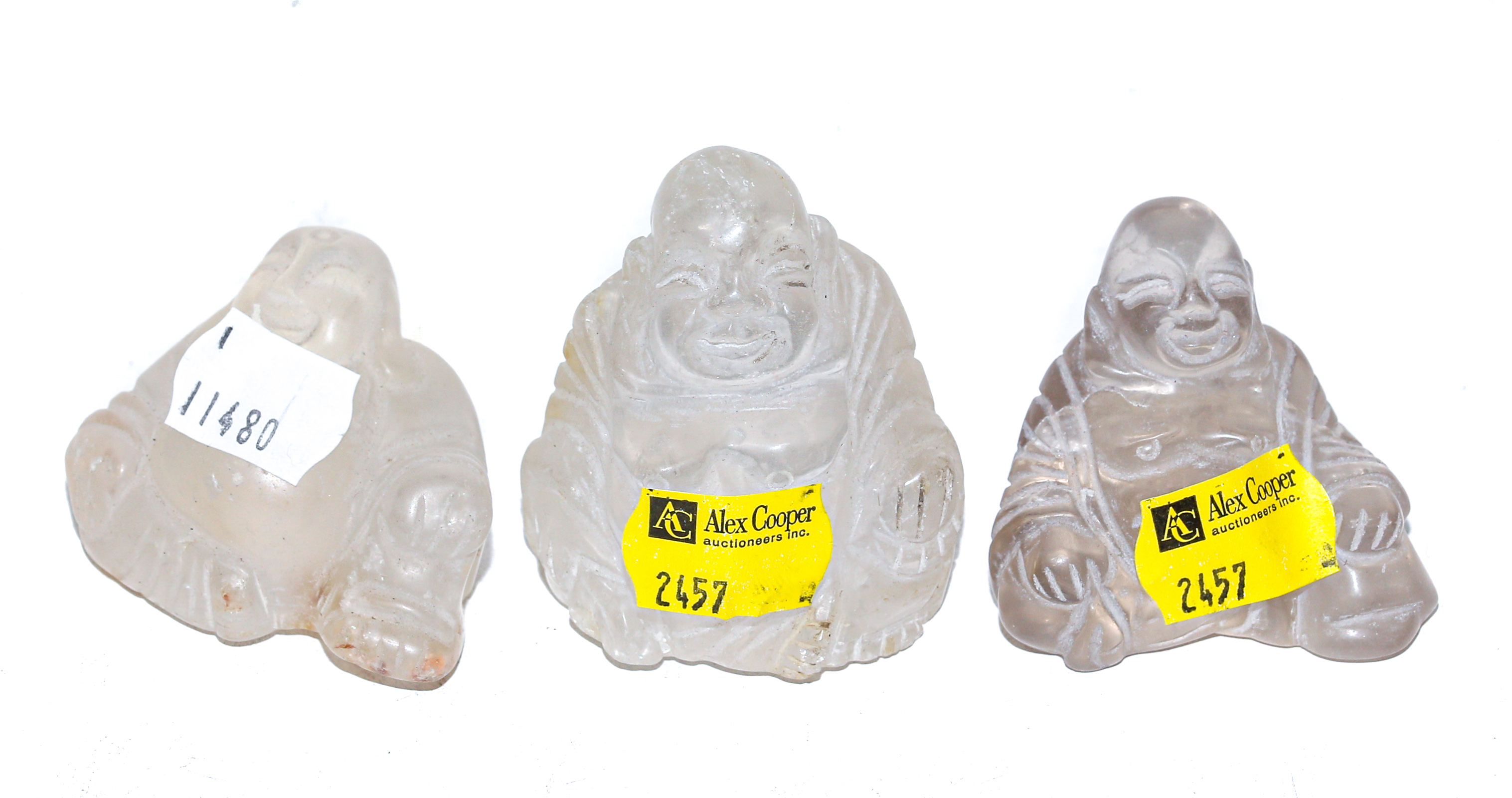 Appraisal: THREE HARDSTONE BUDDHA FIGURES to in H