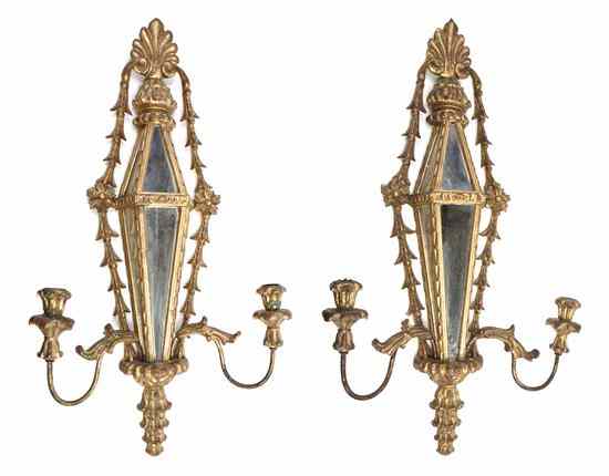 Appraisal: A Pair of Italian Giltwood Two-Light Candle Sconces each with