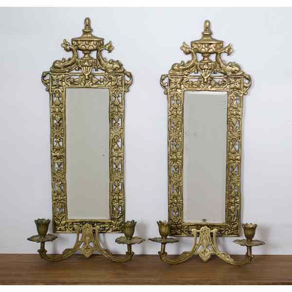 Appraisal: Brass Mirrored Wall Sconces English th century A pair of