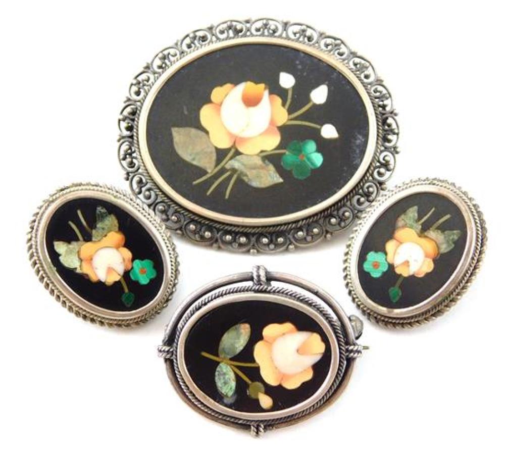 Appraisal: JEWELRY Four pietra dura pieces large pin small pin and