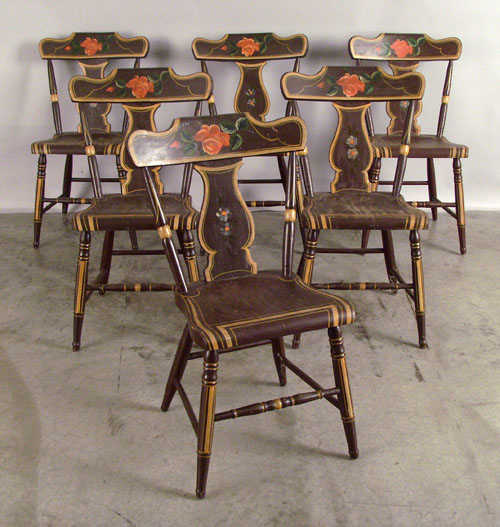 Appraisal: Set of six Pennsylvania painted plank seat chairs