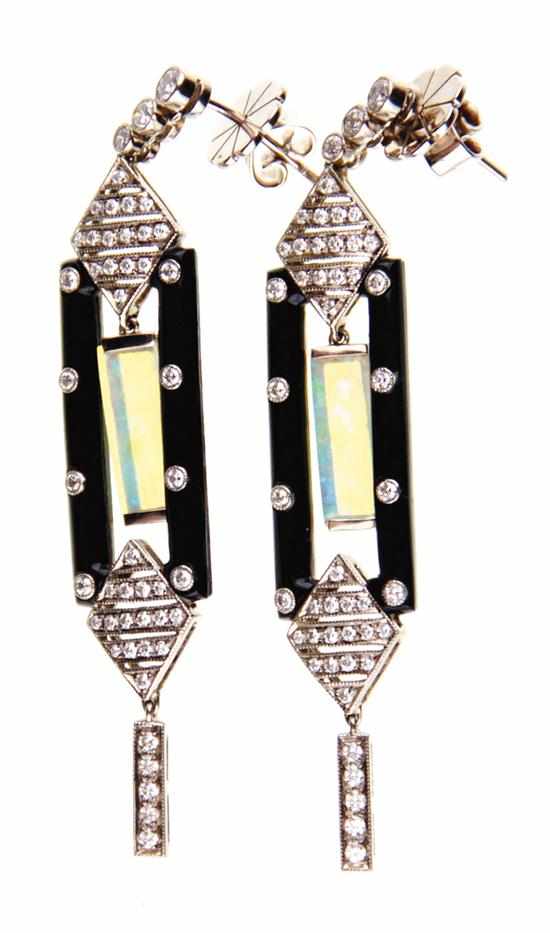 Appraisal: Pair Art Deco style onyx opal and diamond earrings K