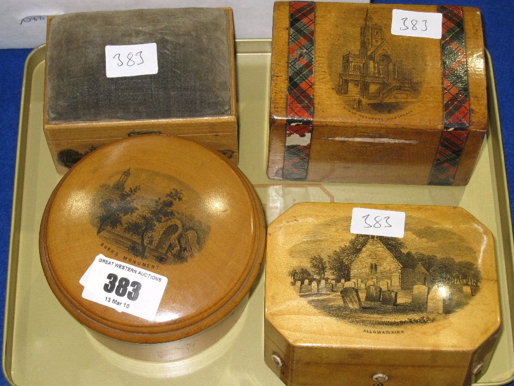 Appraisal: Lot comprising two Mauchline thread boxes a bank and one