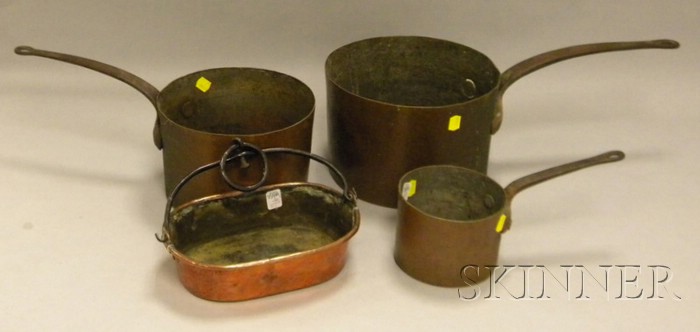 Appraisal: Three Graduated Copper Pots with Wrought Iron Handles and a