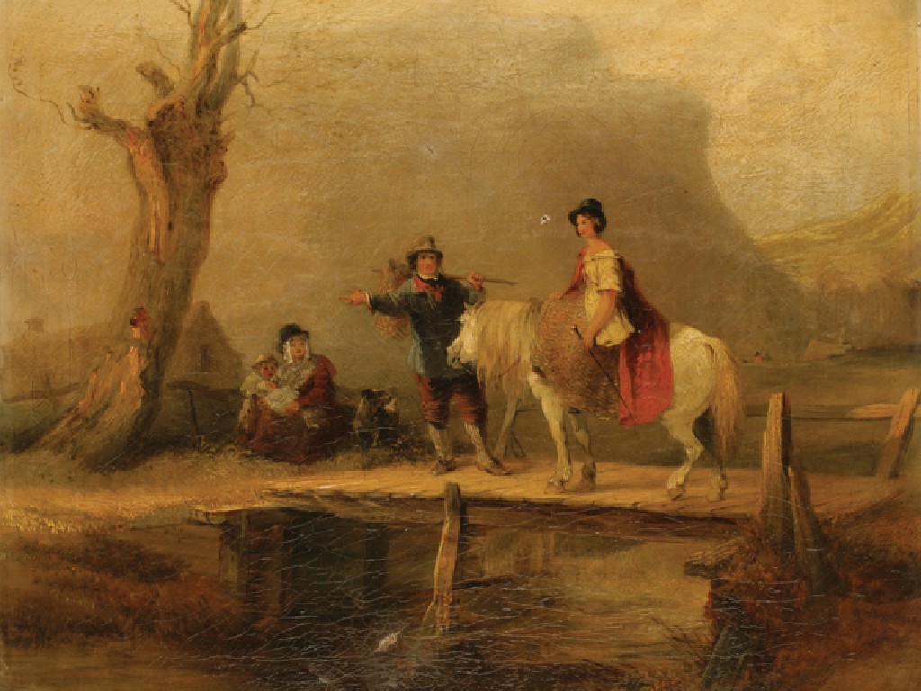 Appraisal: WILLIAM SHAYER Figures crossing a bridge signed and dated oil