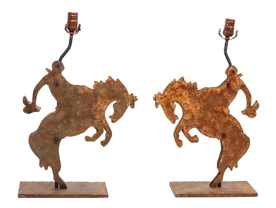 Appraisal: Sale Lot Two Western Style Iron Table Lamps depicting Cowboys