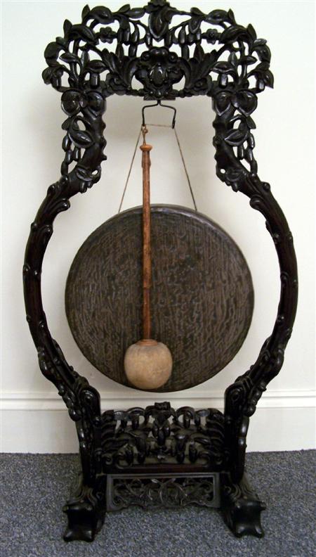 Appraisal: CHINESE BRONZE GONG WITH HARDWOOD STAND LATE TH EARLY TH