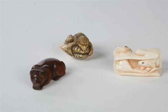 Appraisal: THREE NETSUKES Japanese th century Ivory rats l and a