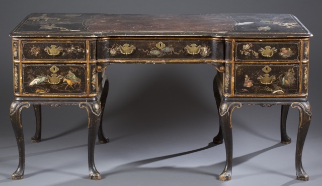 Appraisal: Queen Anne Style Japanned Kneehole Desk Flat top surface with