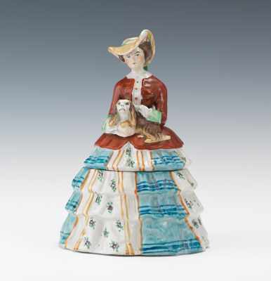 Appraisal: A Staffordshire Type Figural Humidor Woman with Spaniel Glazed porcelain