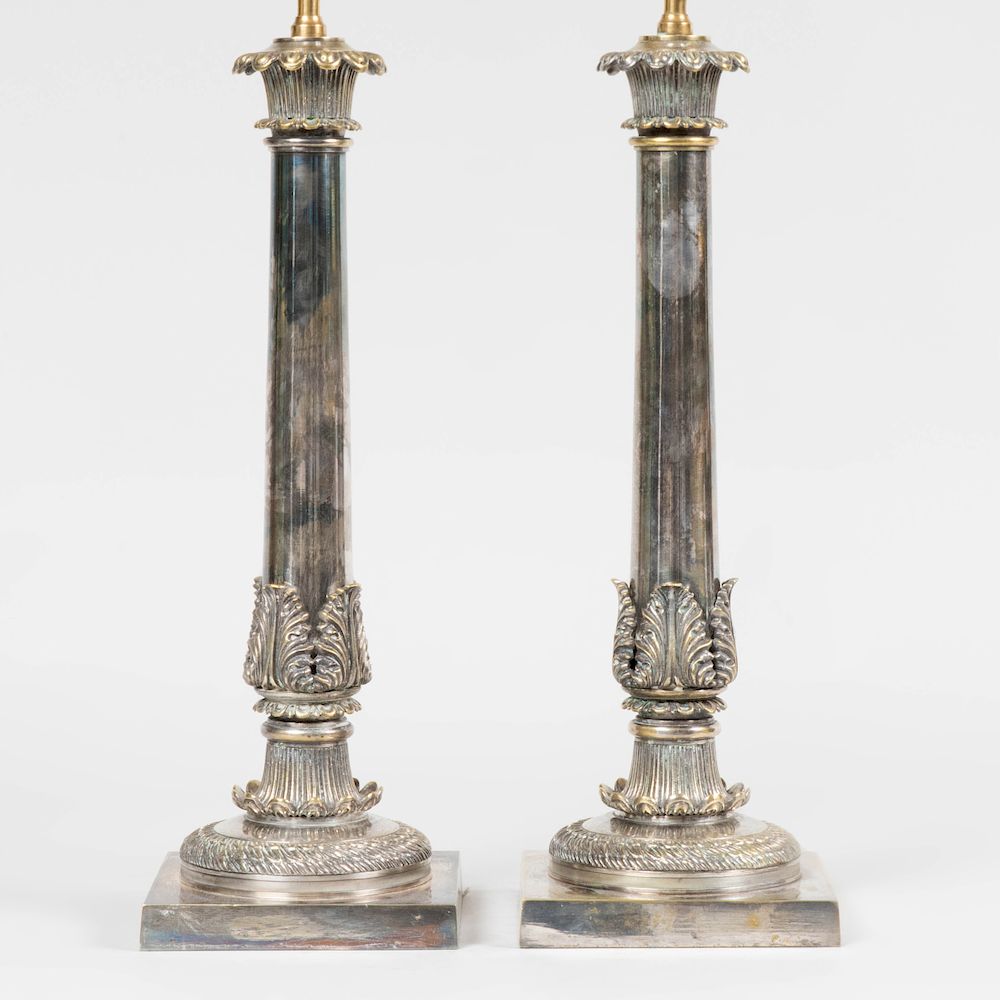 Appraisal: Pair of Silver Plate Columnar Lamps x x in to