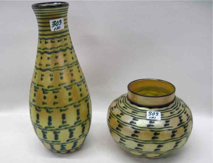 Appraisal: LUNDBERG STUDIOS TWO ART GLASS VASES having a green tear-drop