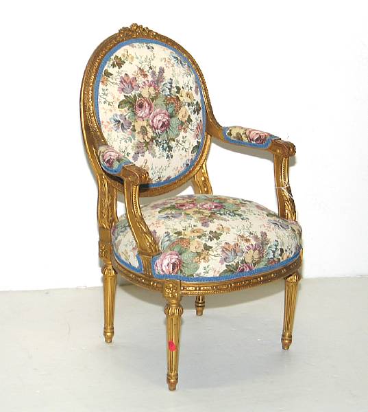 Appraisal: A pair of Louis XVI style giltwoood tapestry upholstered fauteuil