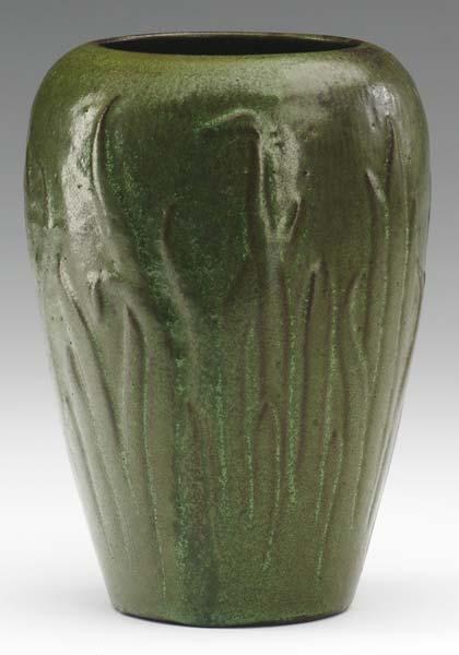 Appraisal: AREQUIPA Vase crisply carved with tall jonquil leaves under green