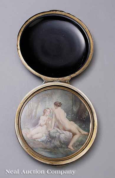 Appraisal: French School th c Two Nymphs Bathing miniature oil on