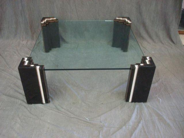 Appraisal: Midcentury Glass Top Table with Skyscraper Form Legs Corners of