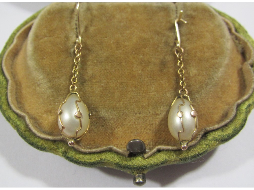 Appraisal: Pair of Edwardian gold mounted pearl pendant drop earrings