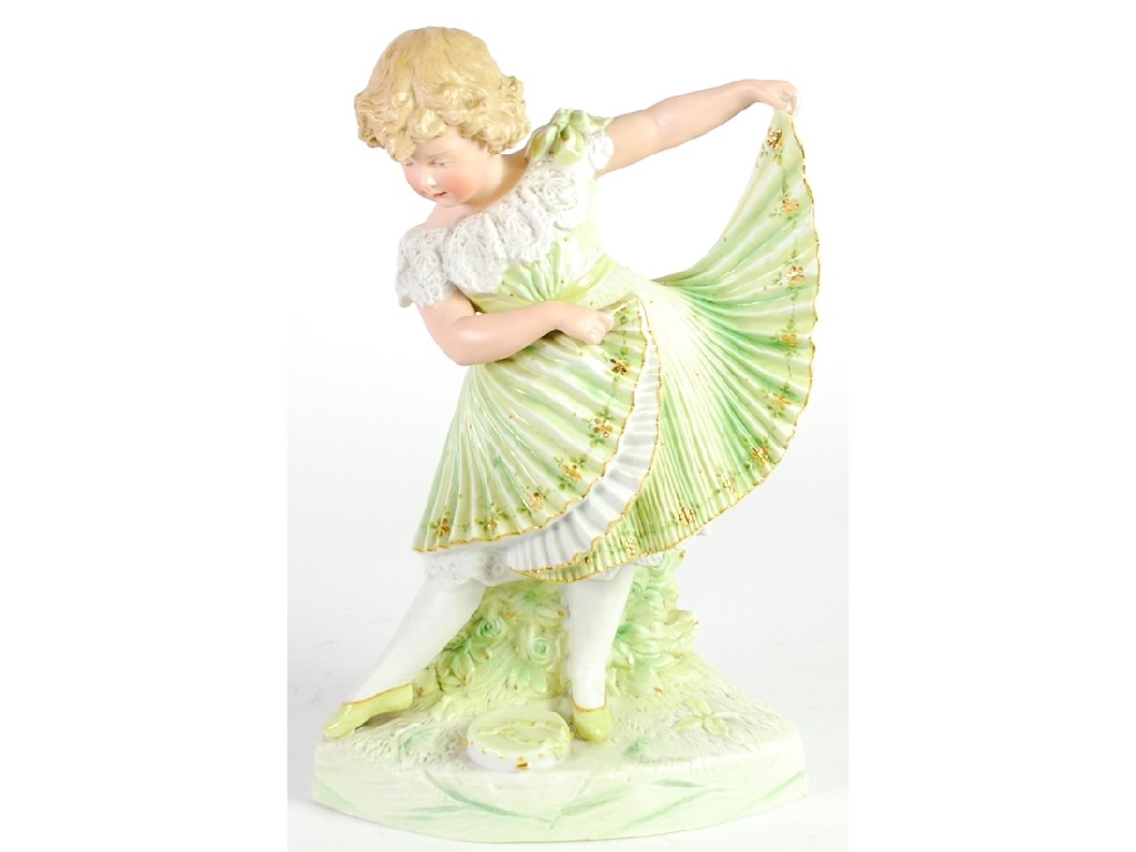 Appraisal: HEUBACH GREEN TINTED BISQUE FIGURE modelled as a young girl