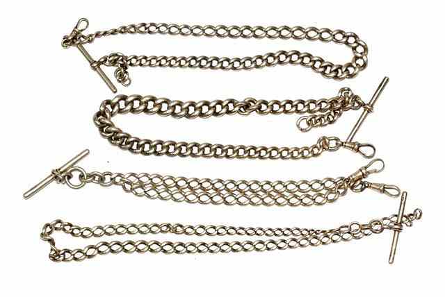 Appraisal: FOUR SILVER CURB LINK WATCH CHAINS with T bars and