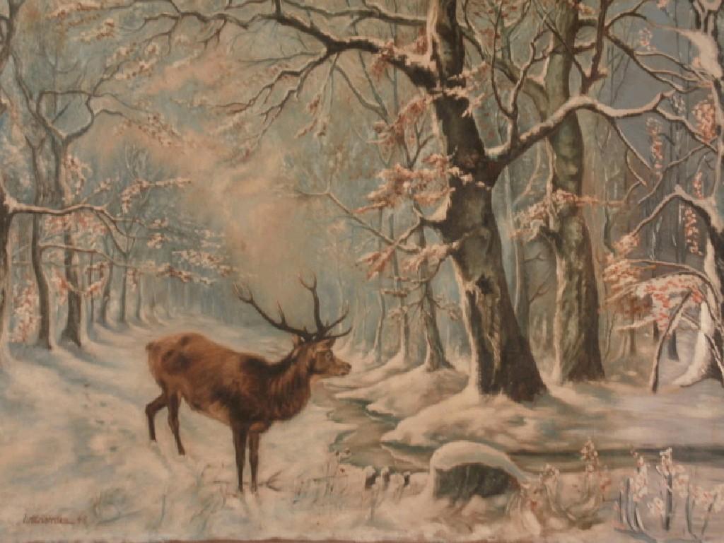 Appraisal: W Mastalerz Polish Stag on winter woodland scene oil on