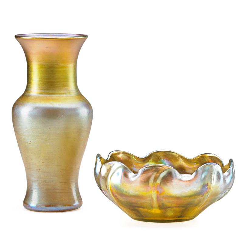 Appraisal: TIFFANY STUDIOS Favrile glass vase and bowl Condition Report Minor