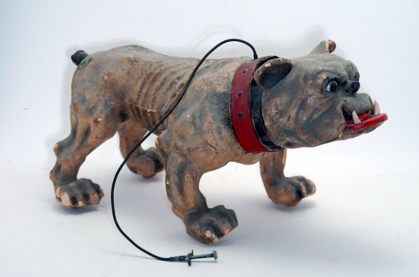 Appraisal: Large Victorian mechanical pulltoy bulldog with flocked body and glass