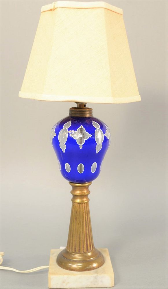 Appraisal: Sandwich glass oil lamp blue cut to white to clear