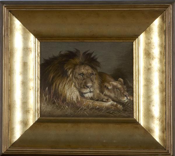 Appraisal: JAPANESE NEEDLEWORK Pair of lions in gilded shadow box frame