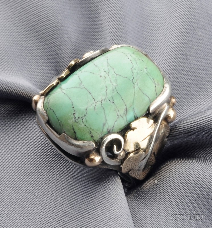 Appraisal: Arts Crafts Silver Gold and Turquoise Ring Edward Everett Oakes