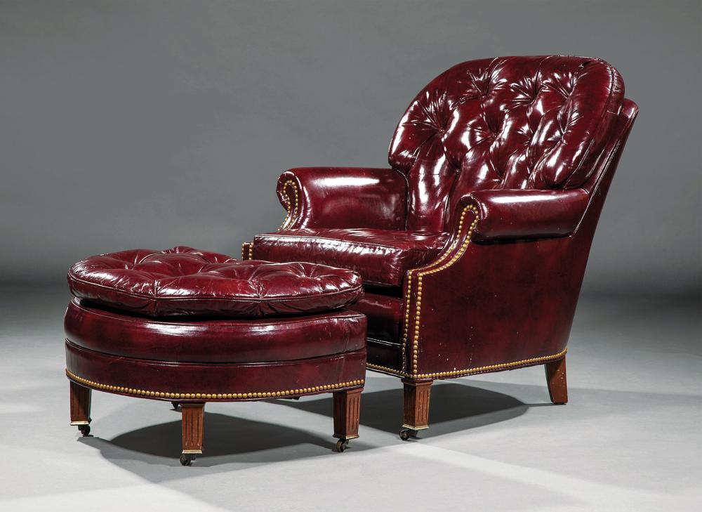 Appraisal: American Button Tufted Leather Club Chair and Ottoman labeled Hancock