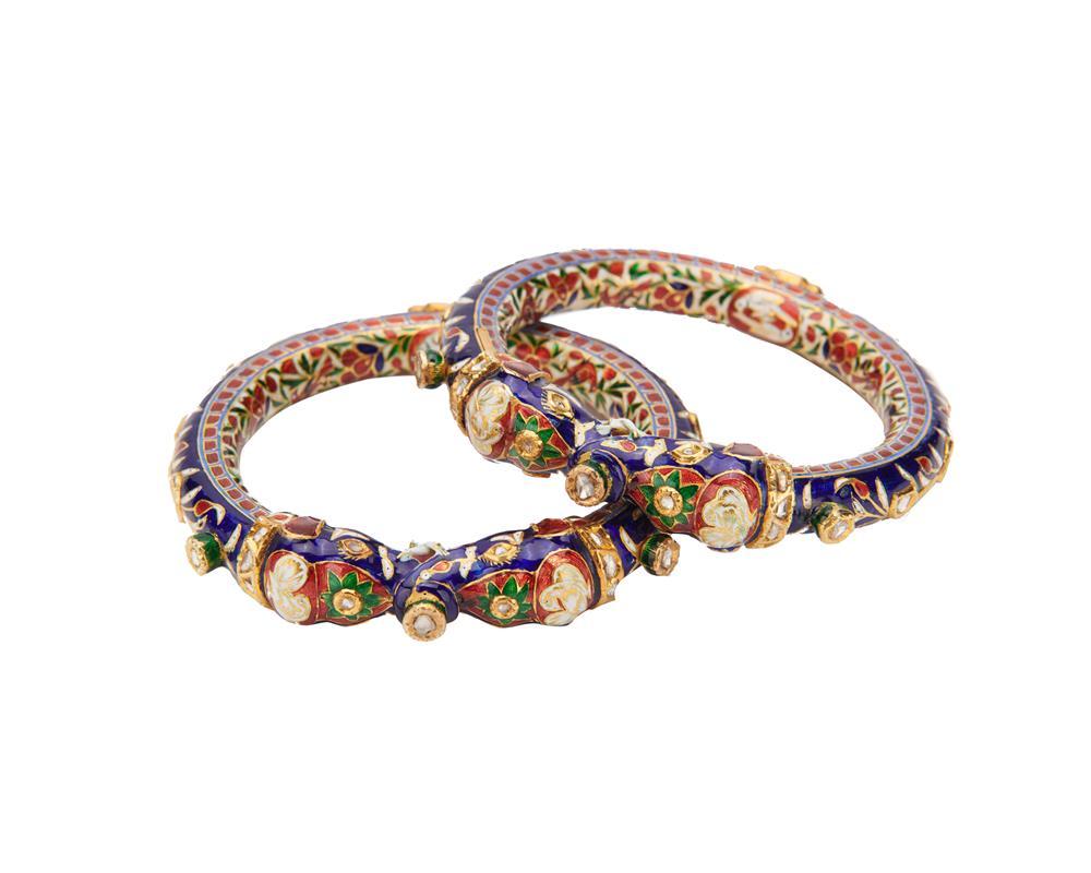 Appraisal: Indian High Karat Gold Enamel and Diamond Bracelets the pair