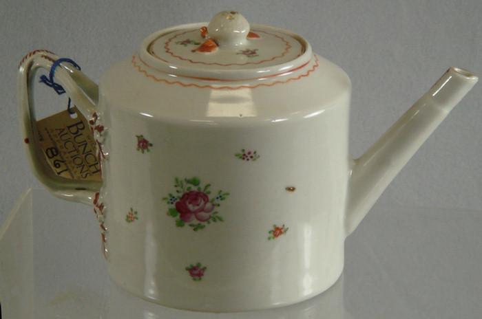 Appraisal: Chinese export porcelain cylindrical teapot open strap handles iron red