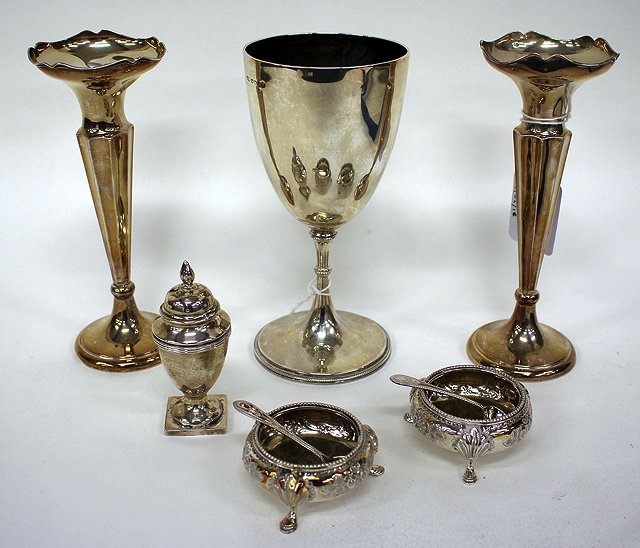 Appraisal: A PAIR OF SILVER TRUMPET VASES with marks for Chester