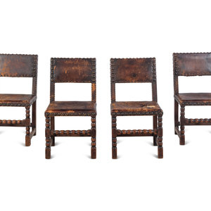 Appraisal: A Set of Four Spanish Baroque Style Oak Chairs with